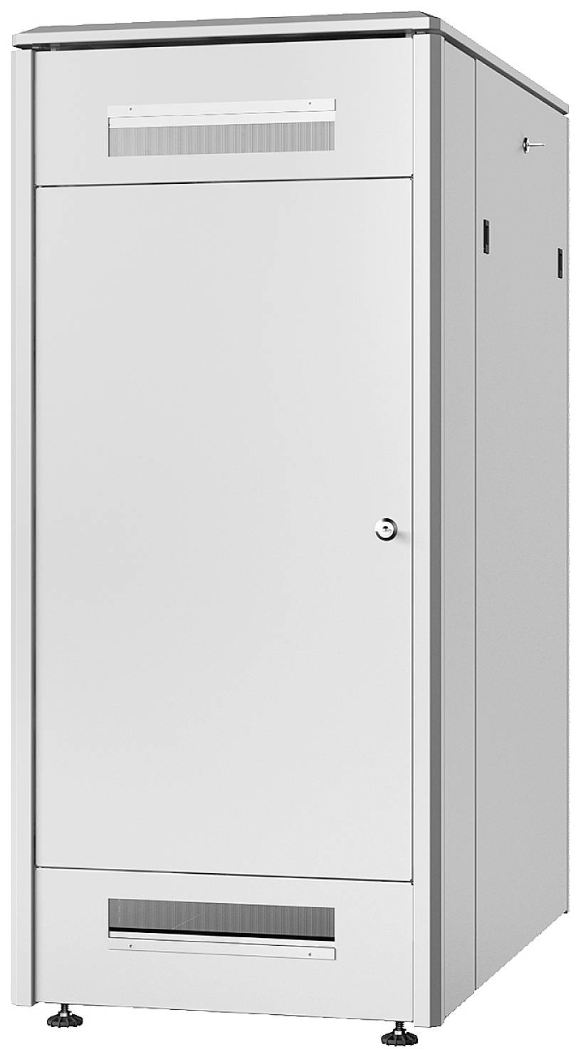 Biały, prosty metalowy szafa z otworami wentylacyjnymi u góry i u dołu oraz drzwiami zamykanymi na zamek.