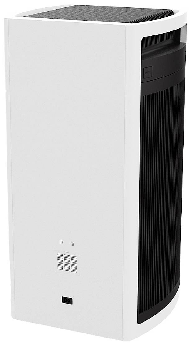 Oczyszczacz powietrza w nowoczesnym, smukłym designie z białą obudową i czarnym wylotem powietrza. Zaprojektowany do wnętrz w celu poprawy jakości powietrza.