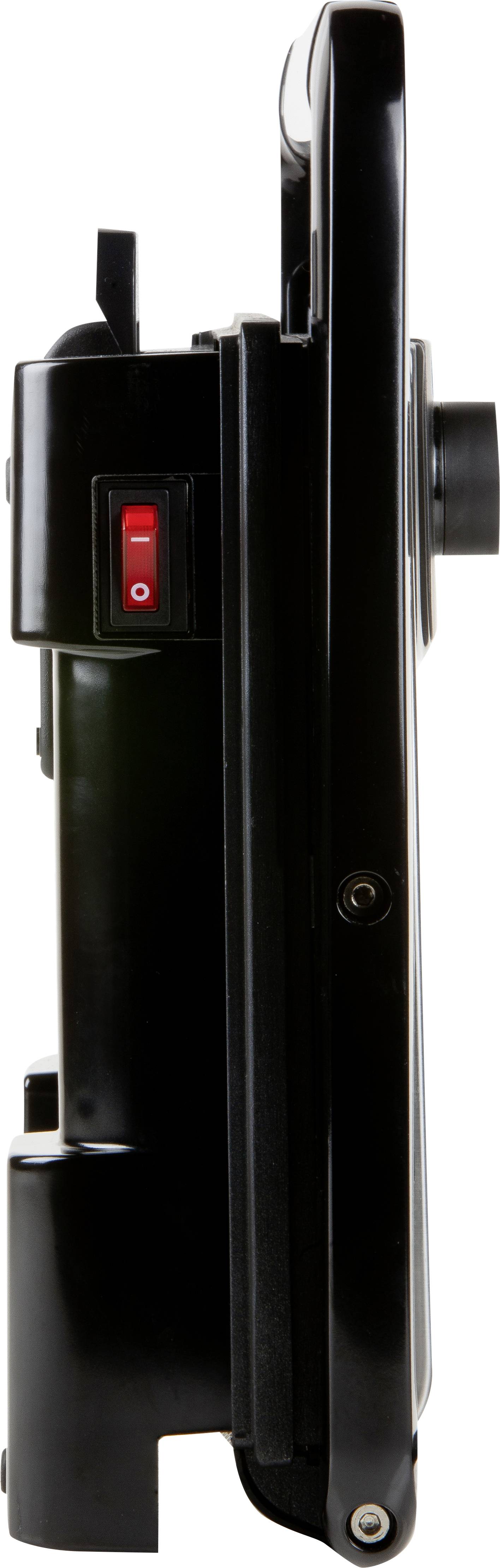 Czarny sandwich maker z widokiem z boku, z czerwonym włącznikiem/wyłącznikiem.