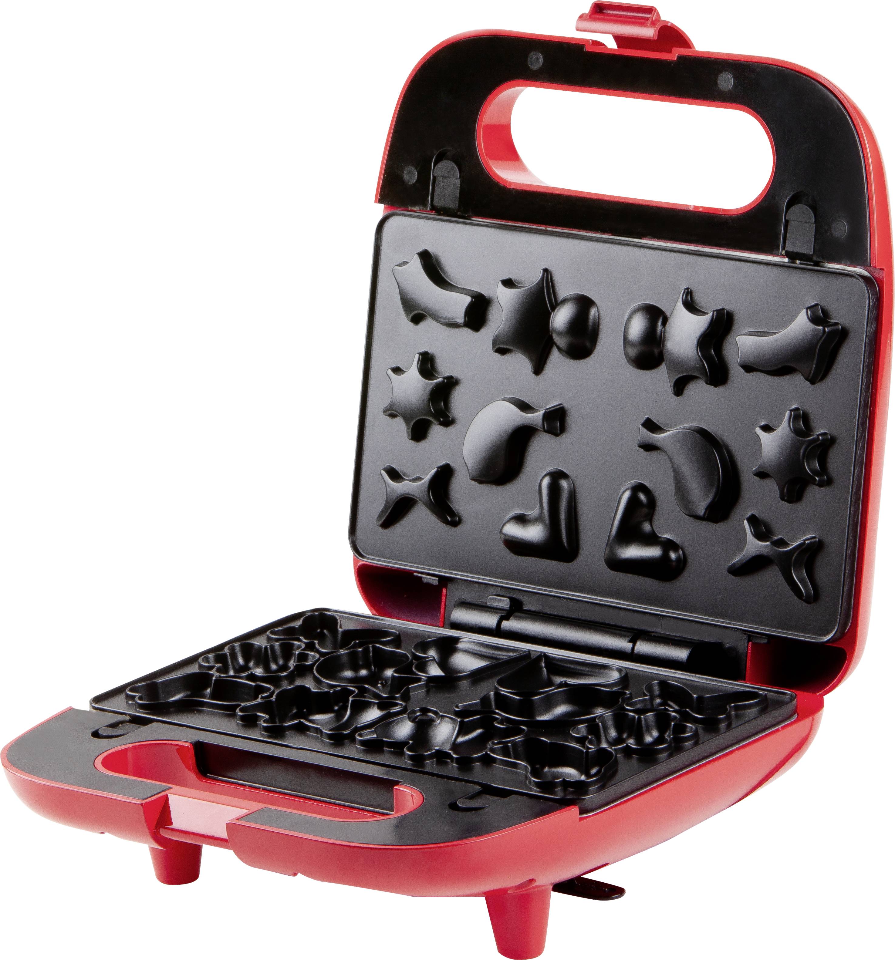 Czerwony toster do kanapek z foremkami w kształcie zwierząt i serc, idealnymi do tworzenia kreatywnych kanapek.