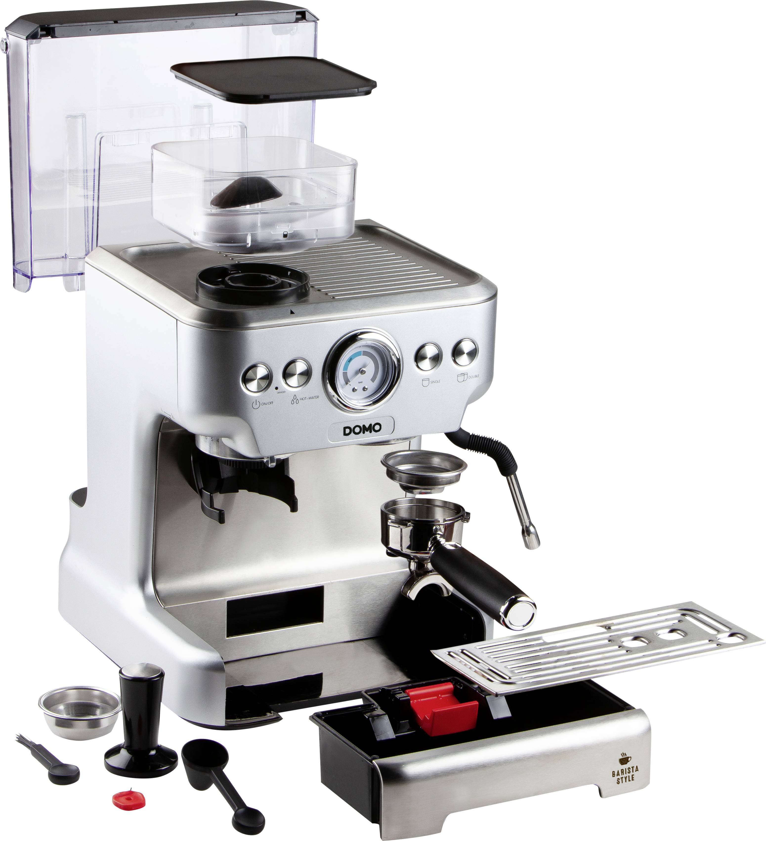 Ekspress do kawy ze stali nierdzewnej z uchwytem na sitko, dyszą parową, wskaźnikiem ciśnienia, wyposażony w akcesoria takie jak ubijak i miarka, odpowiedni do przygotowania espresso.