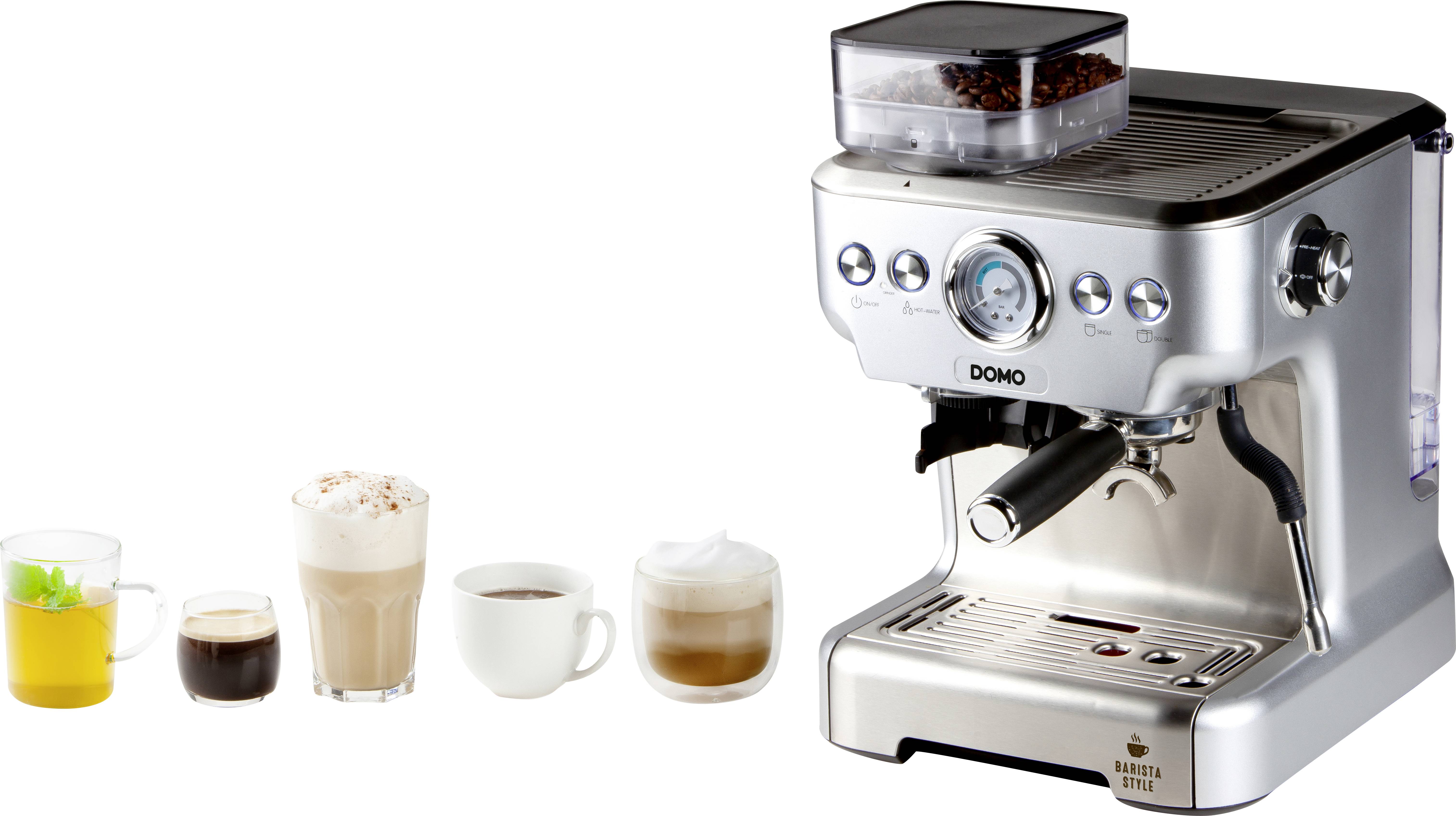 Stalowy ekspres do kawy z pojemnikiem na ziarna, otoczony pięcioma różnymi filiżankami z kawowymi i herbacianymi specjałami.