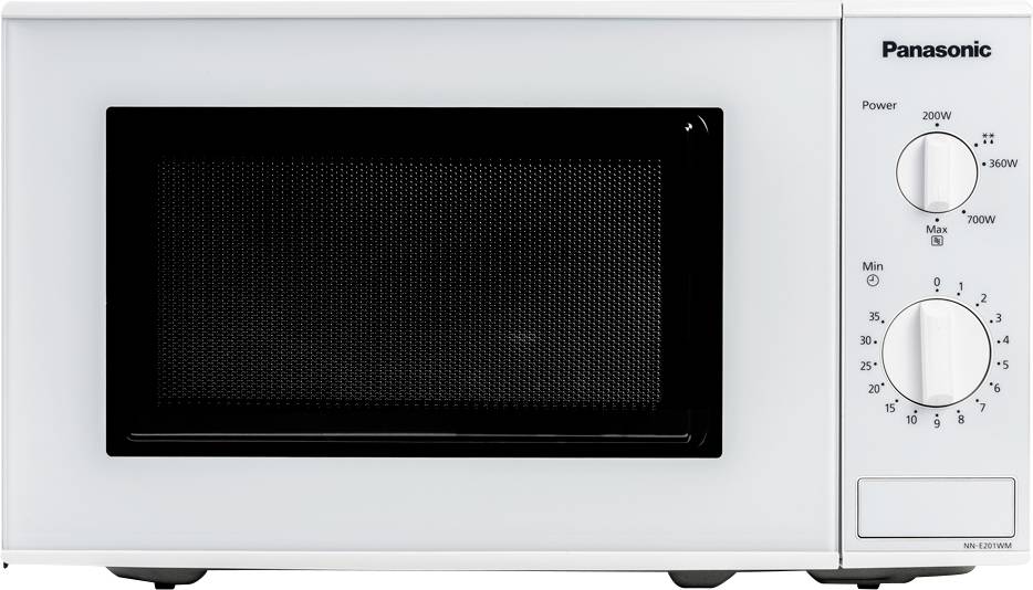 Biała mikrofalówka z pokrętłami do regulacji mocy (200W do maks.) oraz timera (do 35 minut). Logo Panasonic w prawym górnym rogu.