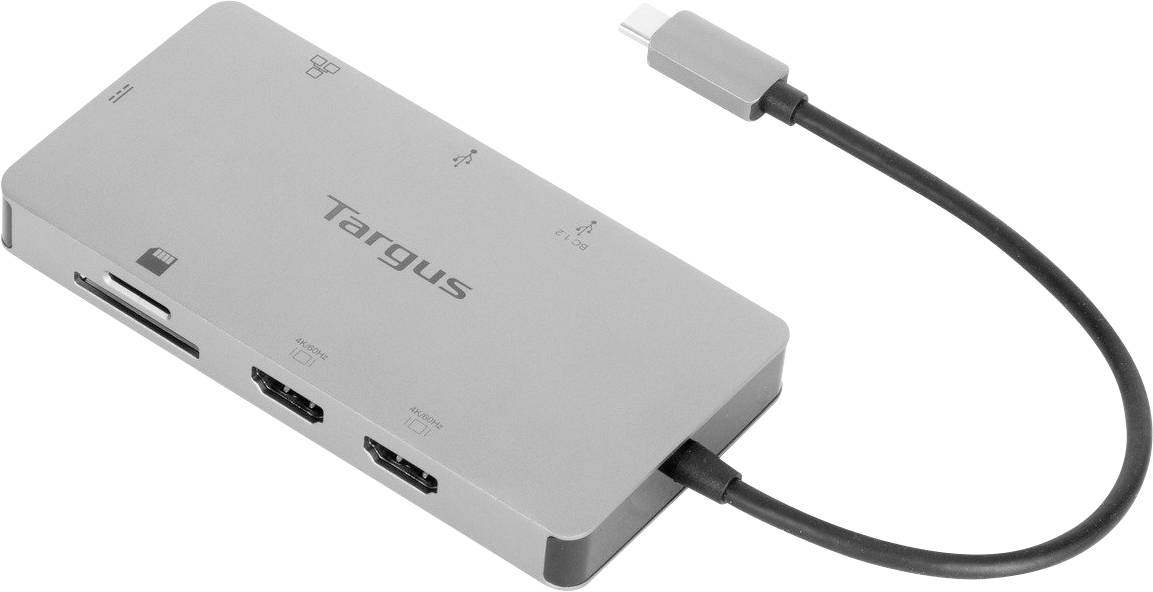 Wieloportowy hub USB-C w kolorze srebrnym, oferujący złącza HDMI, USB-A, Ethernet oraz czytnik kart SD, z dołączonym przewodem USB-C.