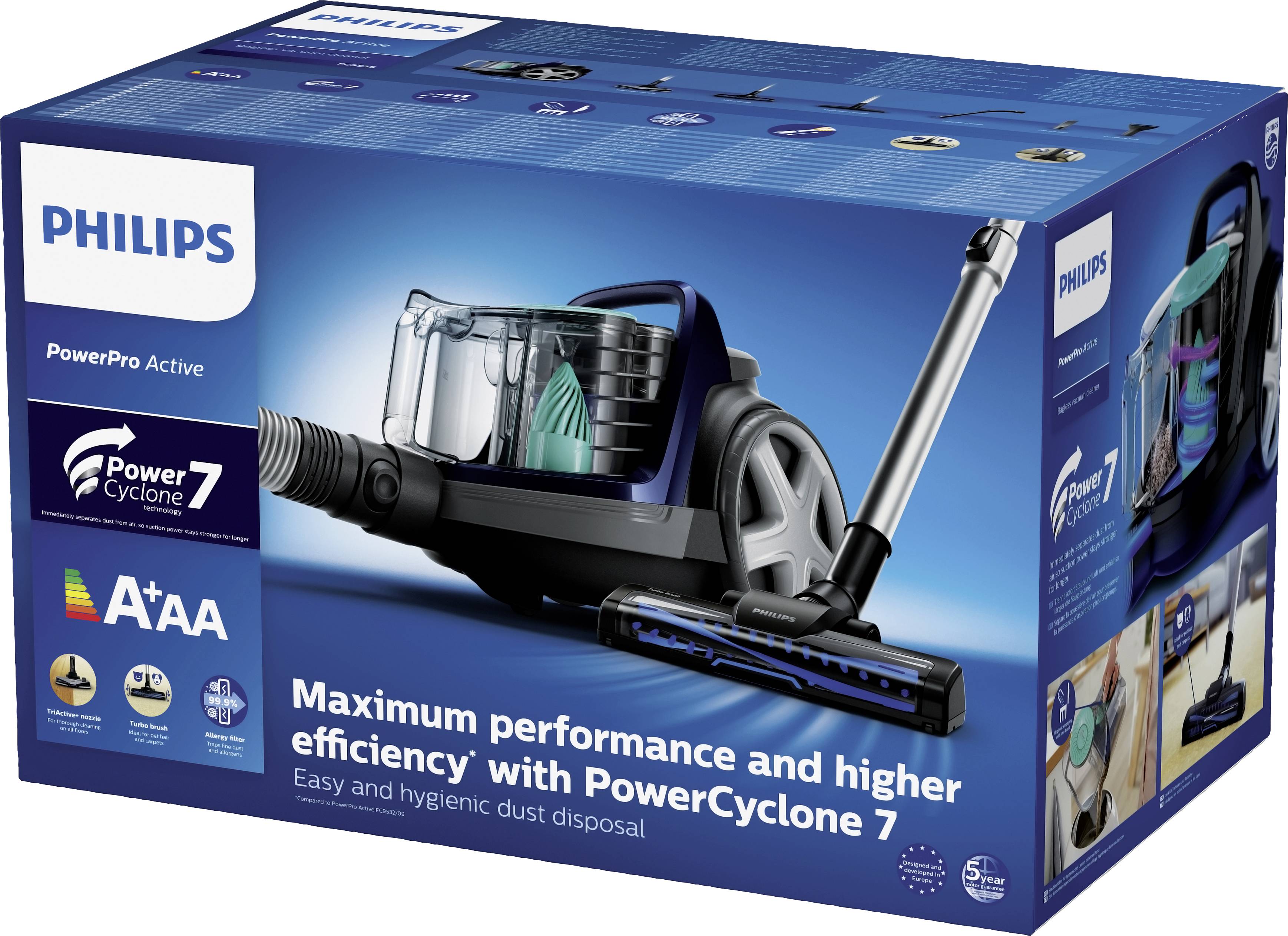 Opakowanie odkurzacza Philips z technologią PowerCyclone 7, gwarantuje maksymalną wydajność i wysoką efektywność usuwania kurzu.