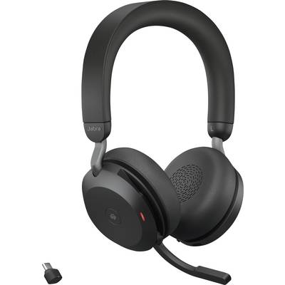 Czarne słuchawki nauszne z mikrofonem, oznaczone logo 'Jabra'. Obok mały adapter USB.