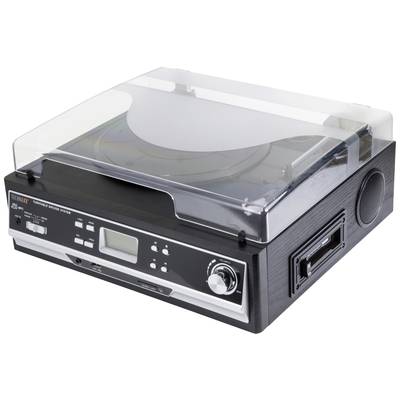 Gramofon z przezroczystą pokrywą, zintegrowanym magnetofonem kasetowym i głośnikami. Z przodu znajdują się przyciski i wyświetlacz.