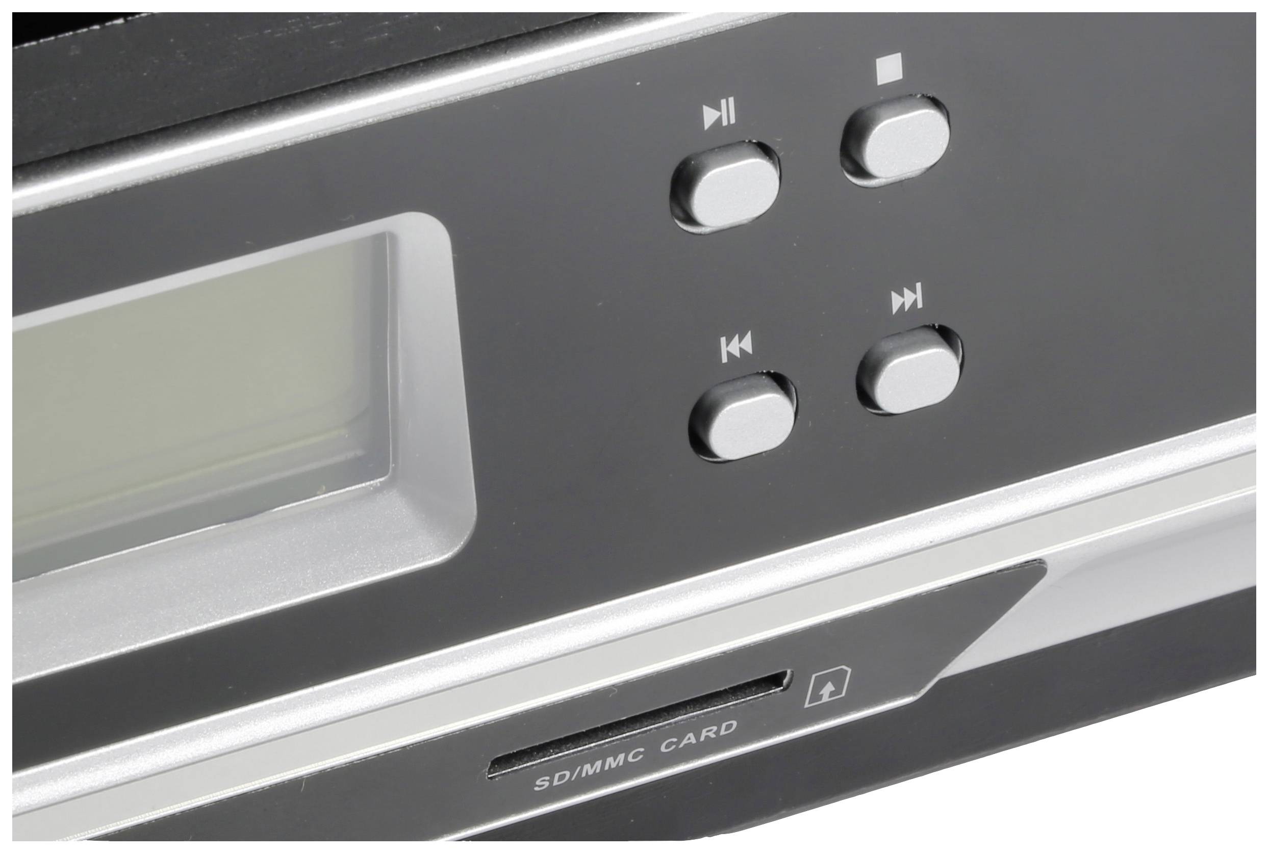 Zbliżenie urządzenia z wyświetlaczem, czterema przyciskami ustawionymi w dwóch kolumnach oraz gniazdem na kartę SD/MMC poniżej.