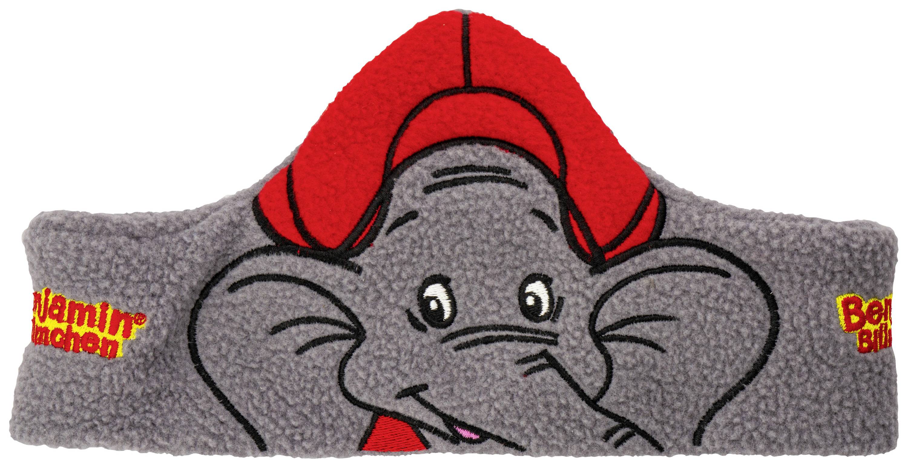 Szaro-czerwona opaska na głowę z motywem słonia i czerwonymi napisami przedstawiającymi 'Benjamina Blümchena'.