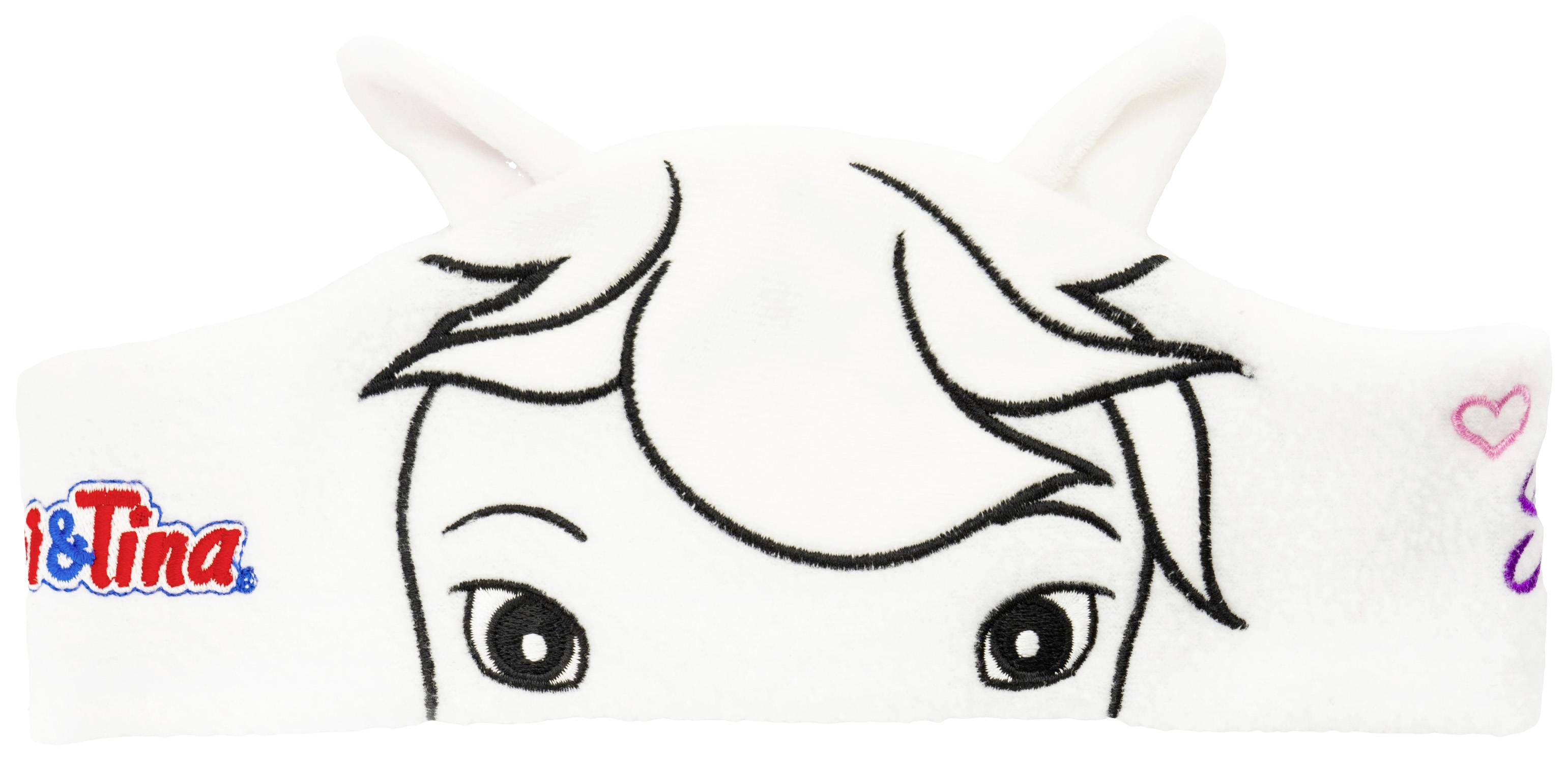 Biała opaska na głowę z narysowaną twarzą i zaznaczonymi dwoma uszami. Po prawej i lewej stronie widoczne są rysunki i kolorowe logo.