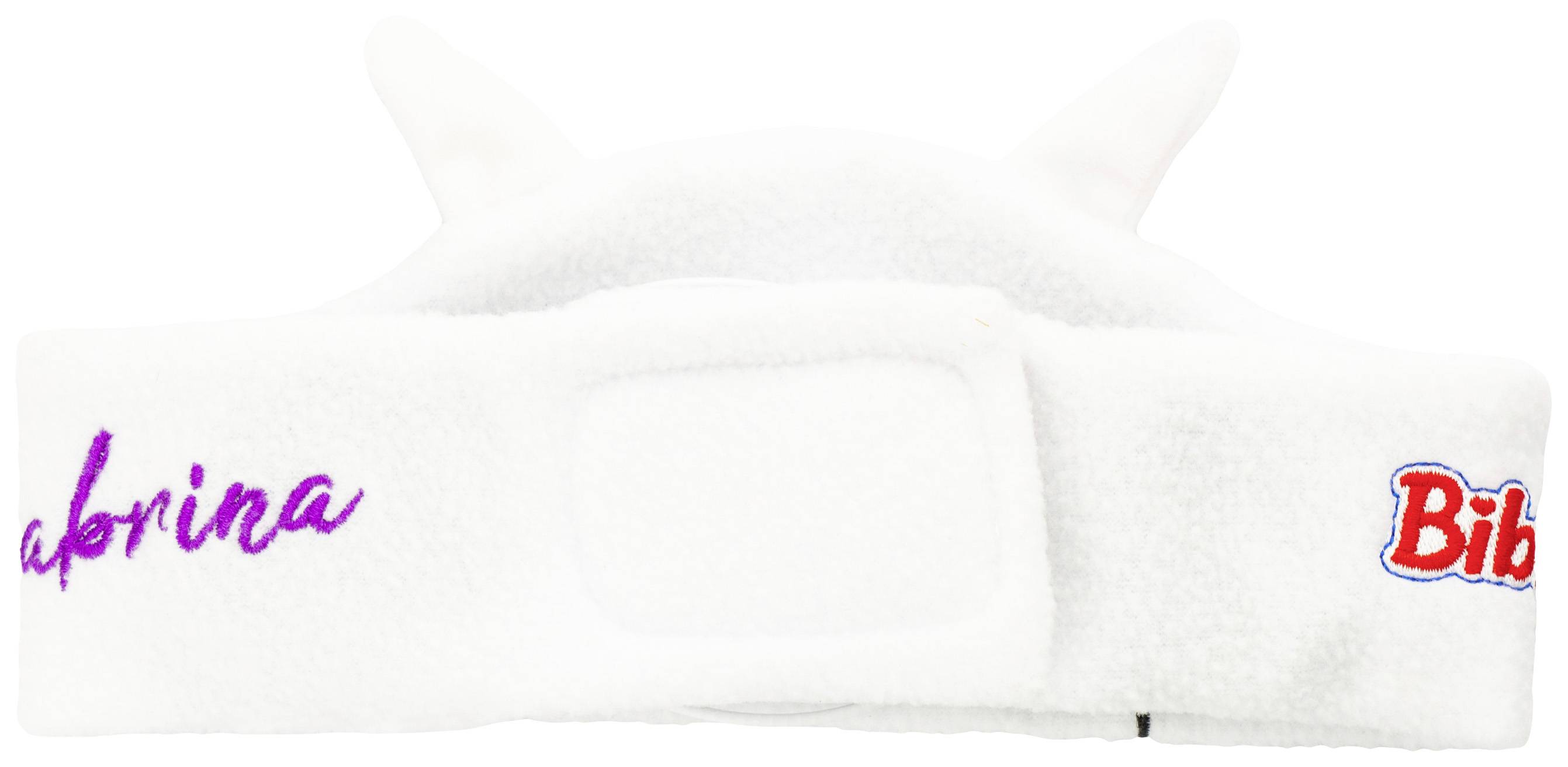 Biała opaska na głowę z napisem 'Sabrina' w fioletowym kolorze oraz logo 'Bibi' z boku.