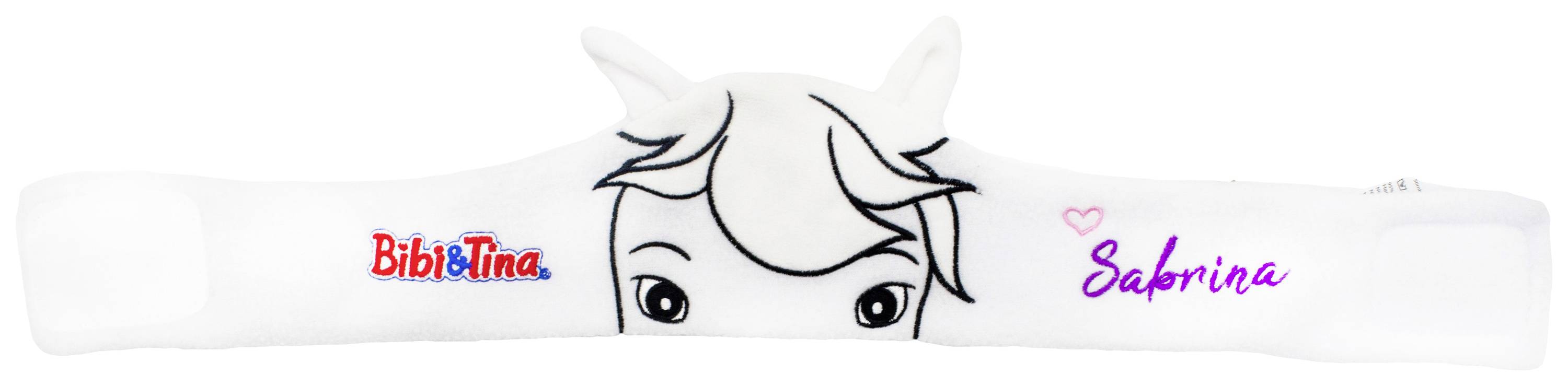 Biała opaska na głowę z napisami 'Bibi & Tina' i 'Sabrina' oraz stylizowaną twarzą konia z uszami.