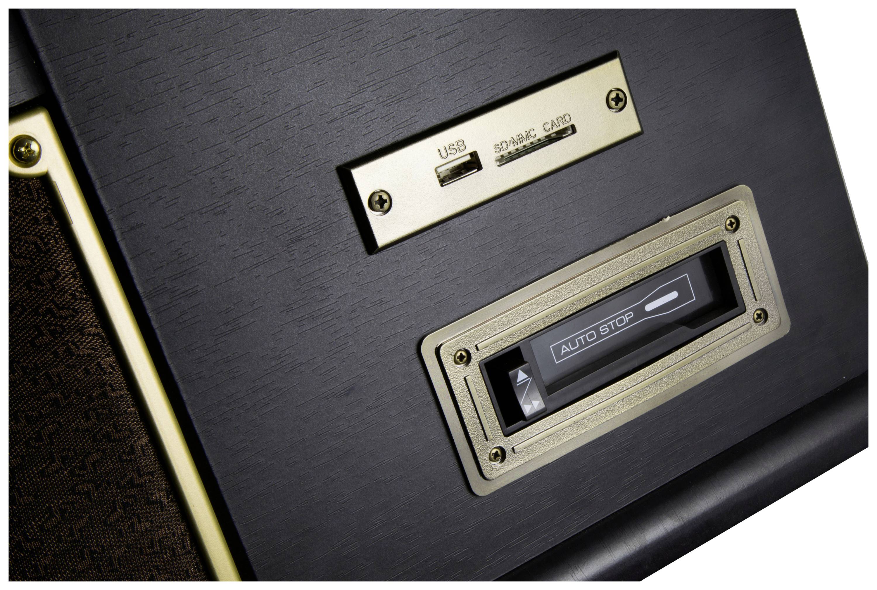 Zbliżenie na retro gramofon z wejściami USB i SD oraz funkcją auto-stop, podświetlony przez panel sterowania.