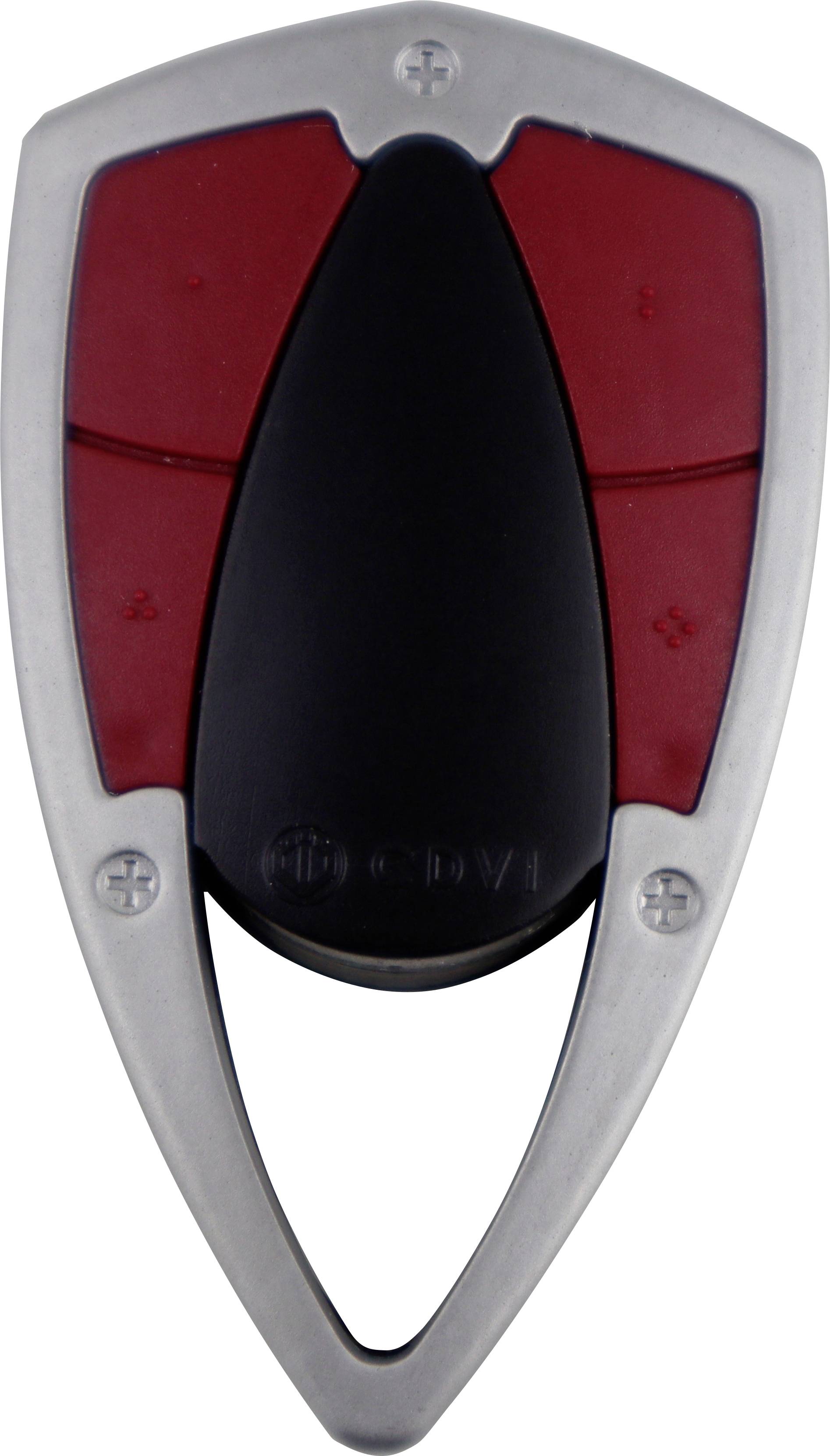 Elektroniczne urządzenie kontroli dostępu z czerwoną i czarną obudową w srebrnej ramie, zaprojektowane w kształcie trójkąta.