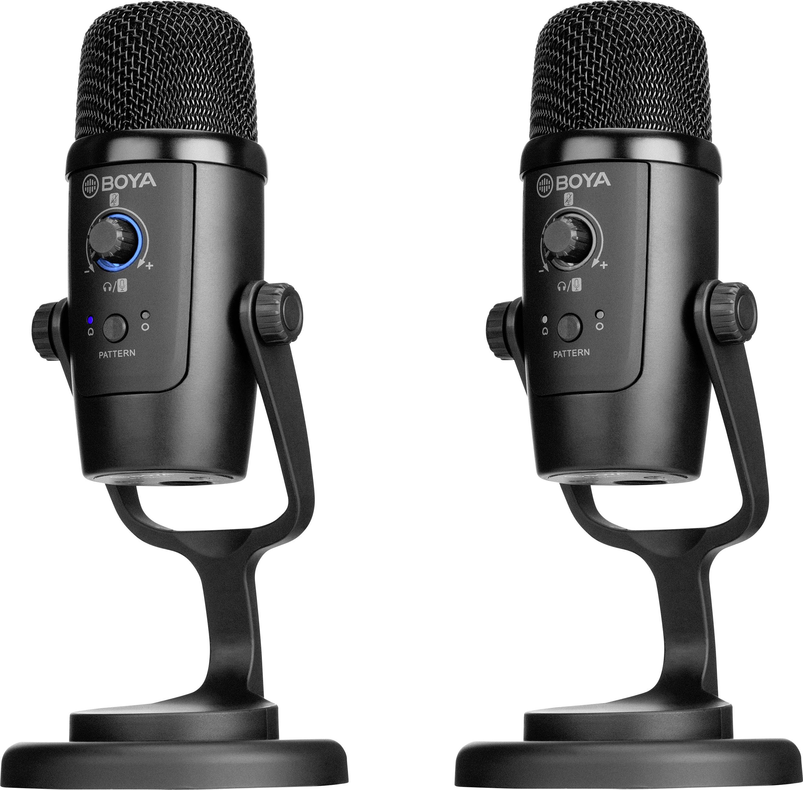 Dwa czarne mikrofony stołowe z regulacją głośności i logo marki. Idealne do nagrań i podcastów.