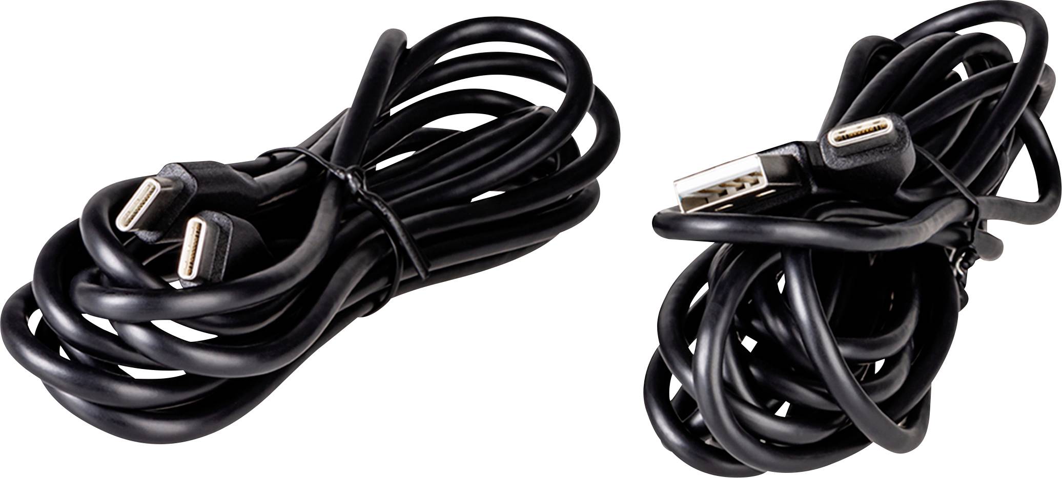 Dwa zwinięte czarne kable USB z wtykami USB i USB-C, na białym tle.