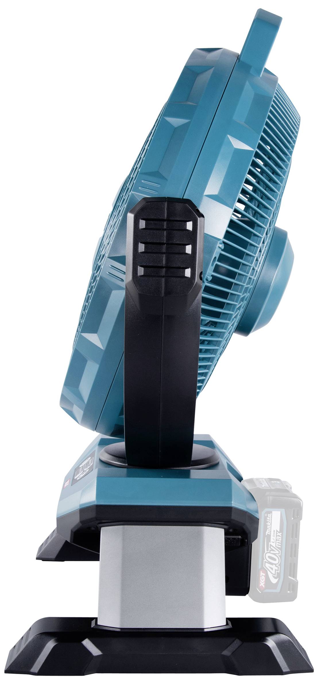 Akumulatorowy wentylator budowlany widziany z boku, w kolorze niebieskim z czarną podstawą, odpowiedni do różnorodnych zastosowań.