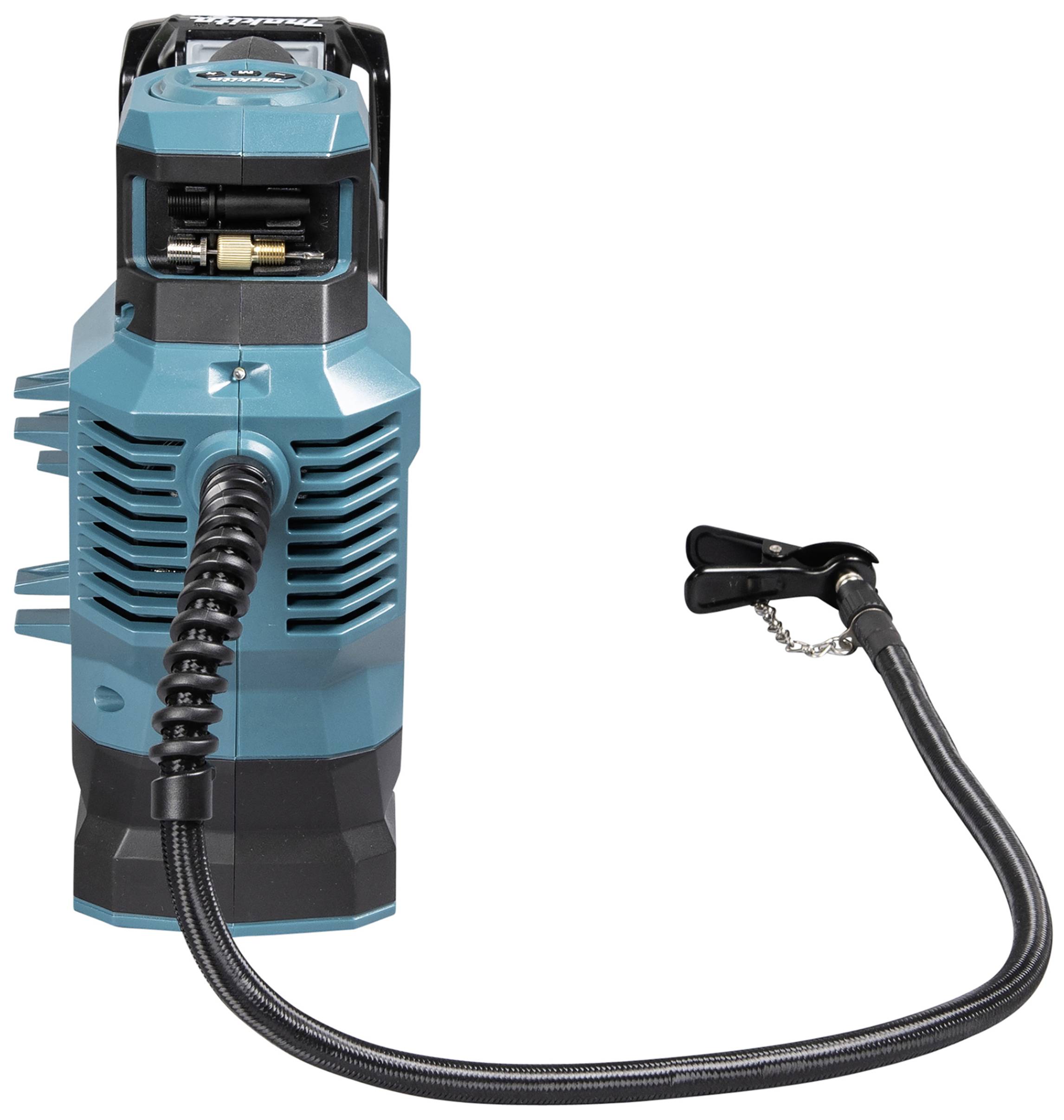 Niebieski przenośny kompresor powietrza z elastycznym wężem i dyszą do pompowania opon.