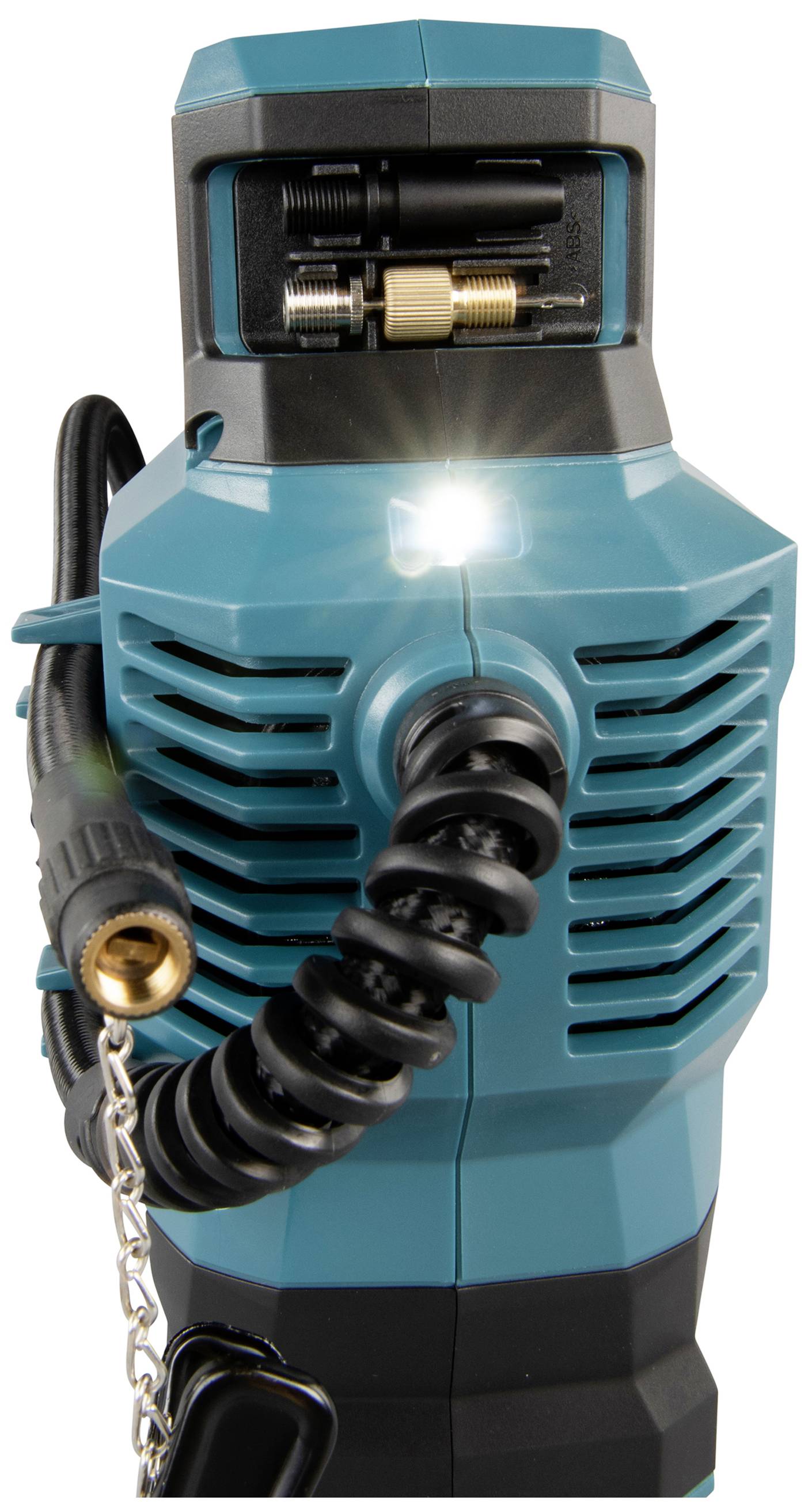 Niebieski przenośny kompresor pneumatyczny z przewodem spiralnym i końcówkami przyłączeniowymi, z jasnym światłem LED na górze.