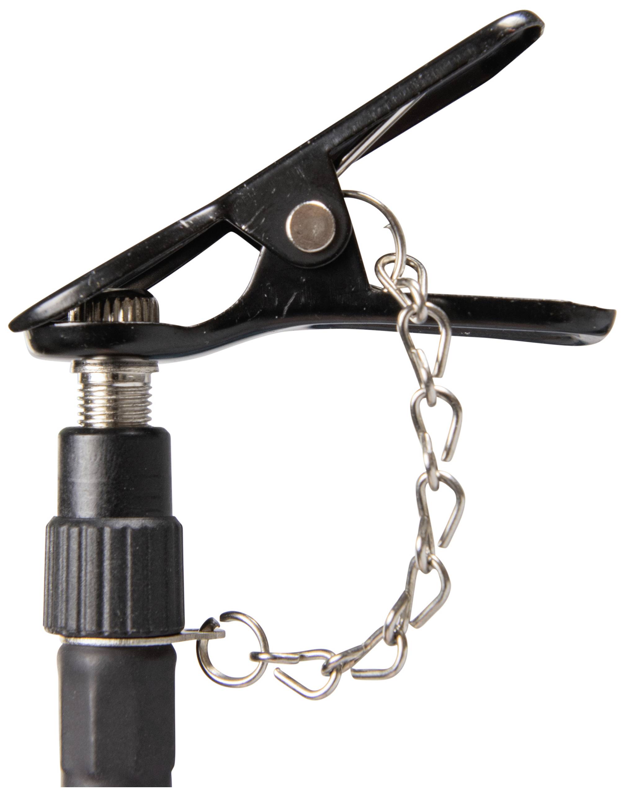 Czarny klips z metalowym łańcuszkiem, przymocowany do obrotowej podstawy z śrubą gwintowaną.