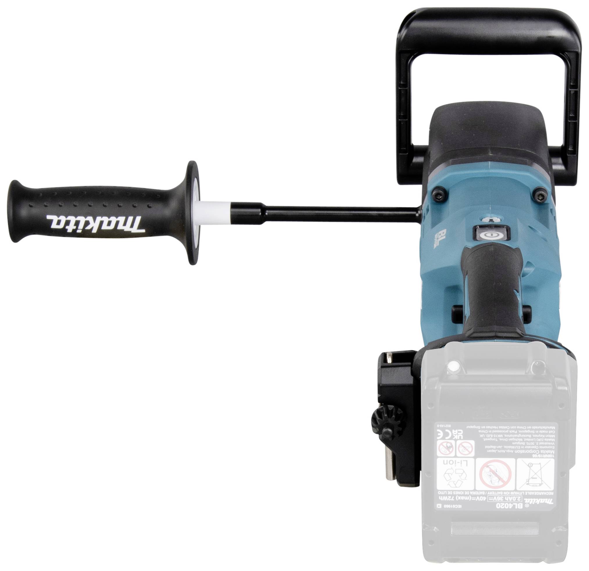 Niebieski elektryczny wkrętak z czarnym uchwytem i dodatkowym uchwytem stabilizacyjnym po stronie, widoczne oznaczenie 'Makita' na rękojeści.