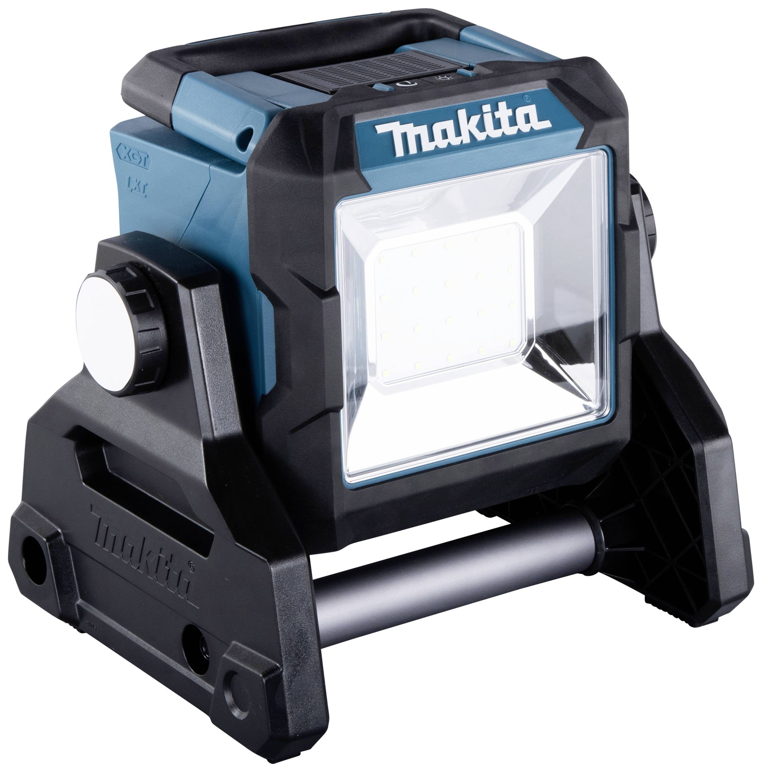 Akumulatorowy reflektor budowlany LED w kolorze czarnym i niebieskim z uchwytem do przenoszenia, kompaktowa konstrukcja, odpowiedni do prac budowlanych i remontowych.