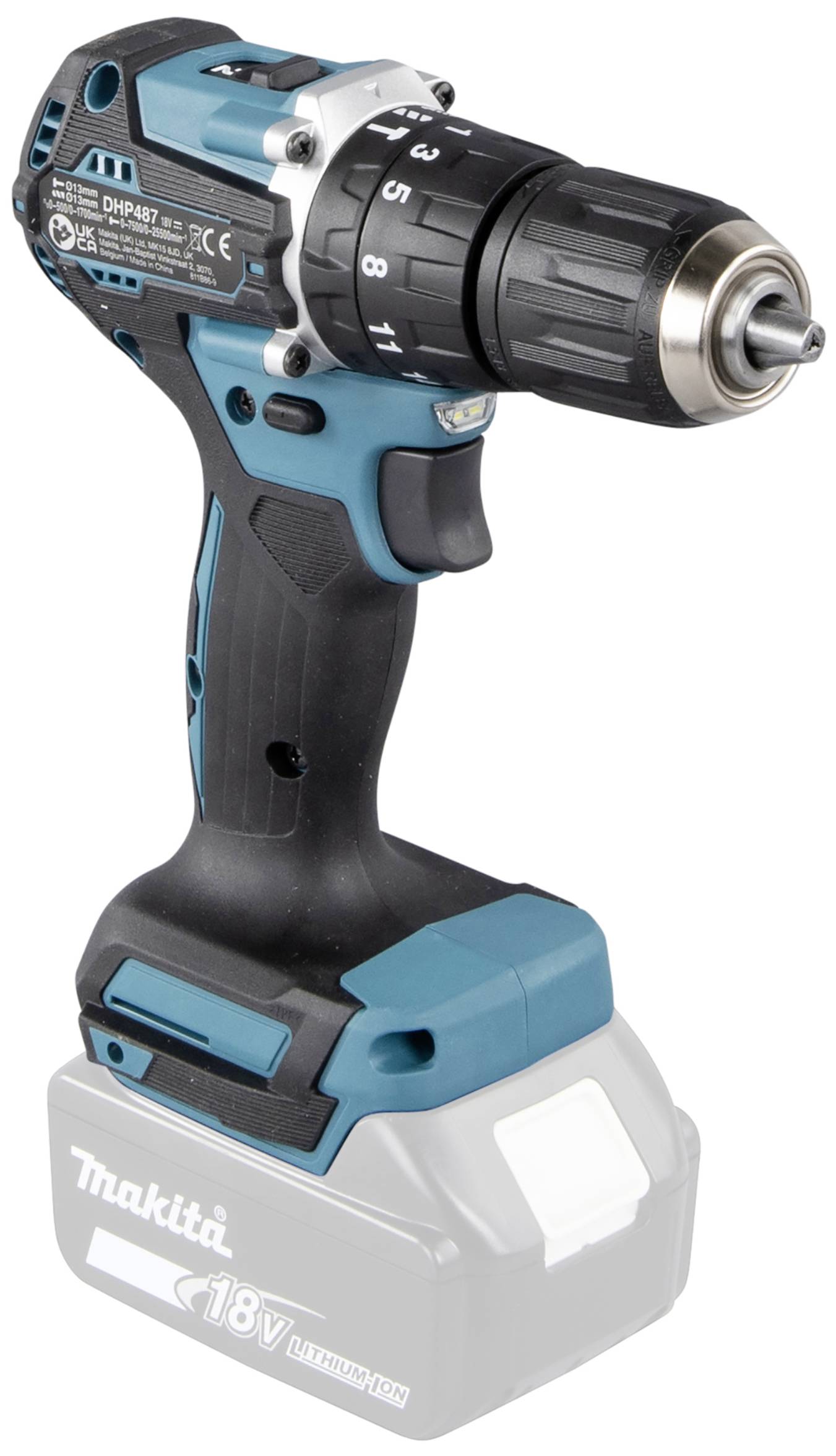 Akumulatorowa wiertarko-wkrętarka z czarnym uchwytem i niebieską obudową. Włożona jest jedna bateria.