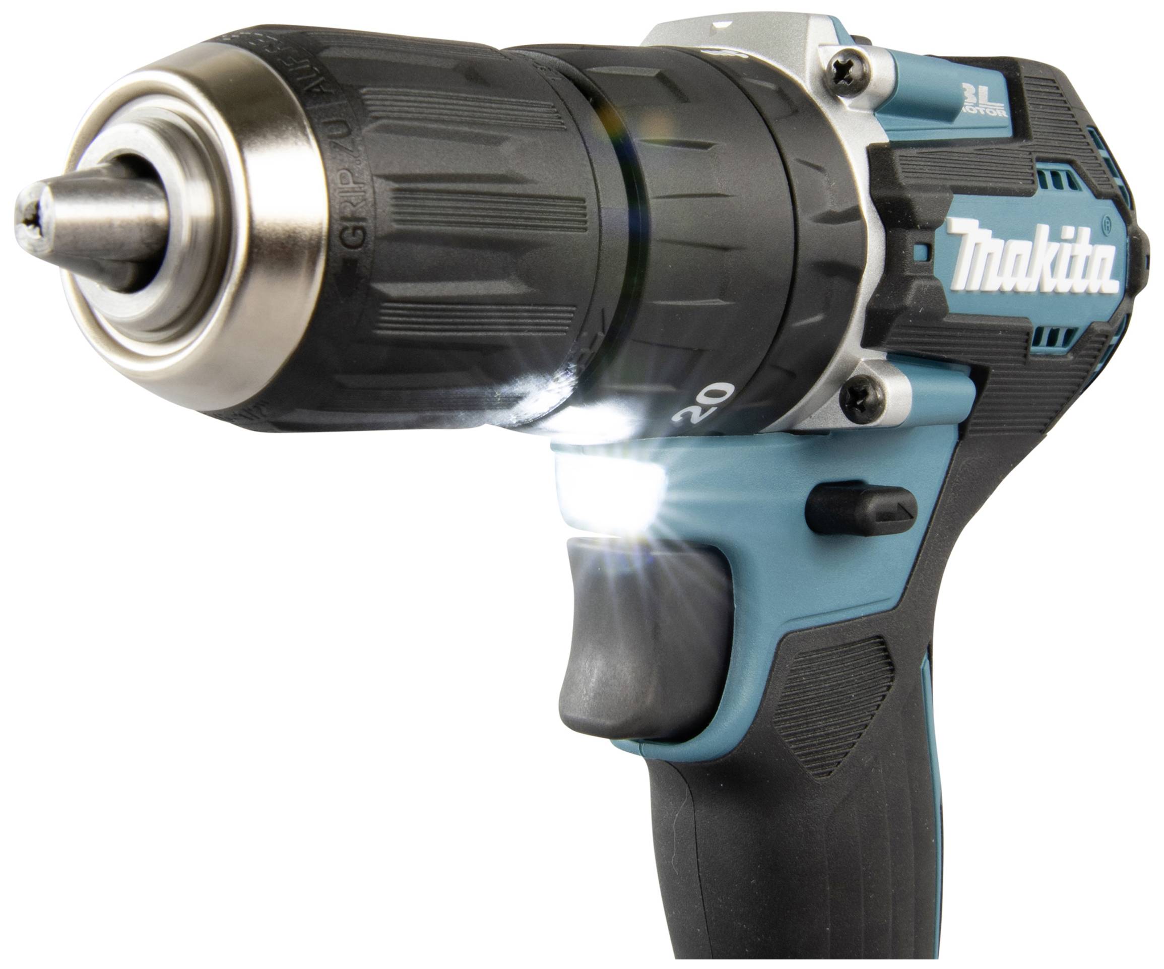 Bezprzewodowy wkrętak wiertarski w kolorze czarnym i niebieskim z lampką LED, która oświetla obszar roboczy.