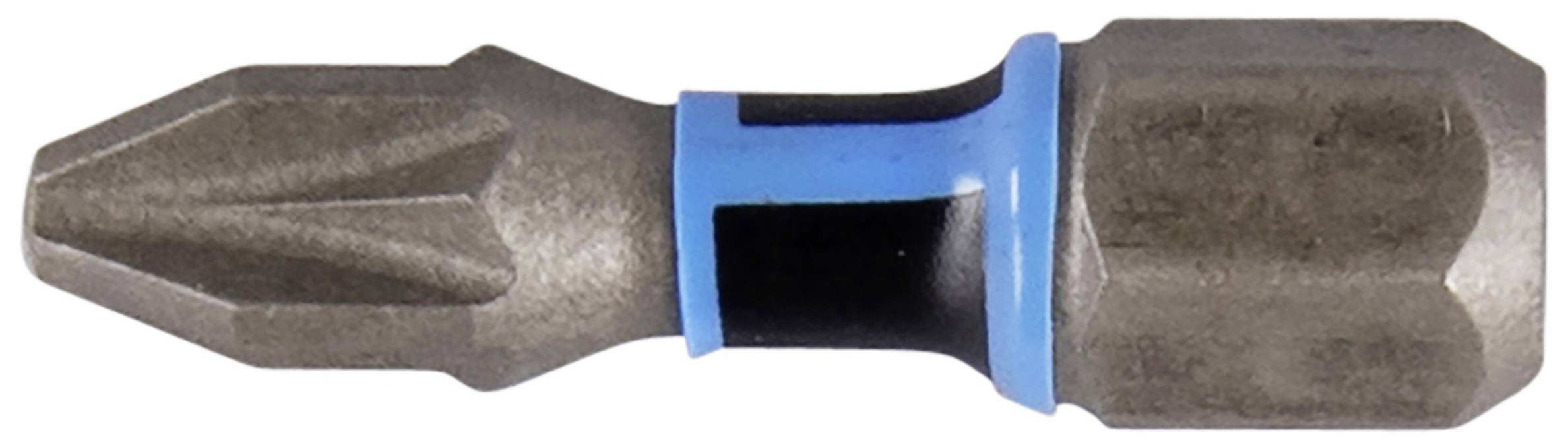 Bit wkrętaka krzyżowego z niebieskim oznaczeniem, sfotografowany z bliska.