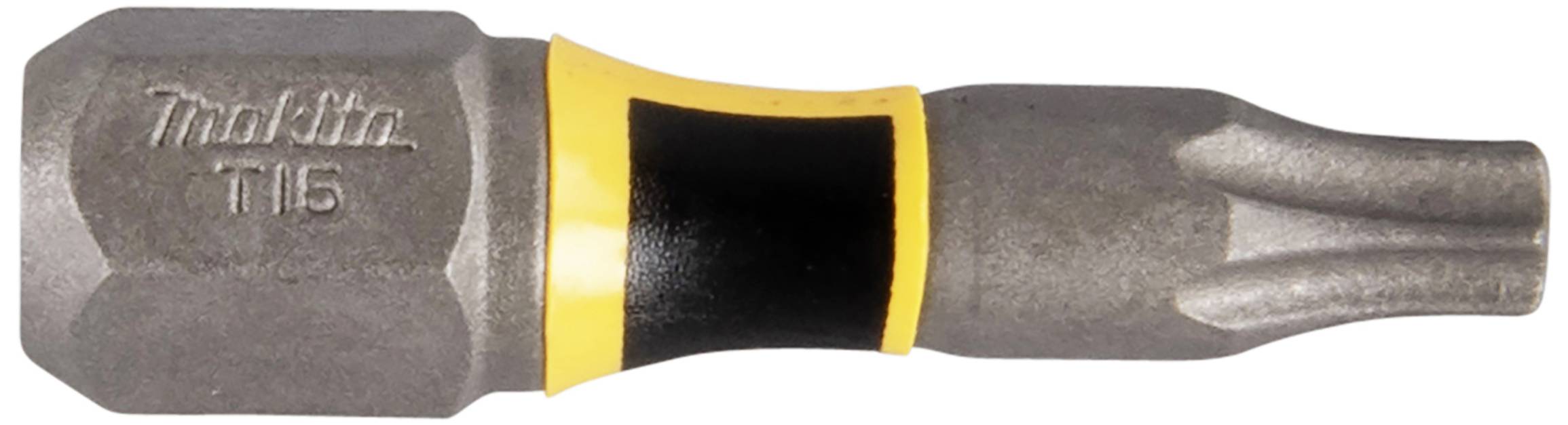 Bit Makita Torx T15, szary trzpień z żółtym i czarnym pierścieniem, odpowiedni do wkrętaków, zbliżenie.