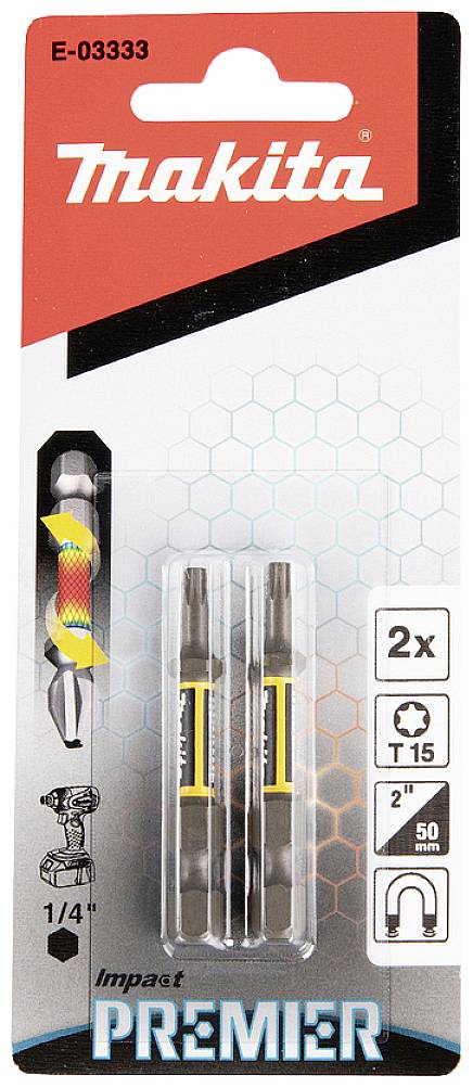 Opakowanie bitów Makita Impact Premier T15 zawierające dwie końcówki wkrętarskie. Kompatybilne z uchwytem 1/4", o długości 50 mm.