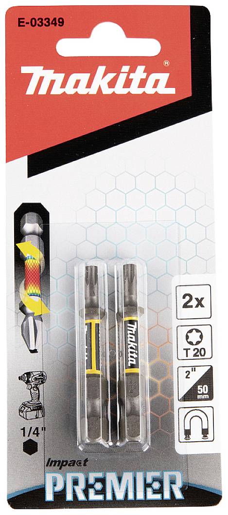 Opakowanie z dwoma końcówkami wkrętakowymi firmy Makita. Etykieta przedstawia kod produktu E-03349. Odpowiednie do maszyn z uchwytem 1/4 cala.