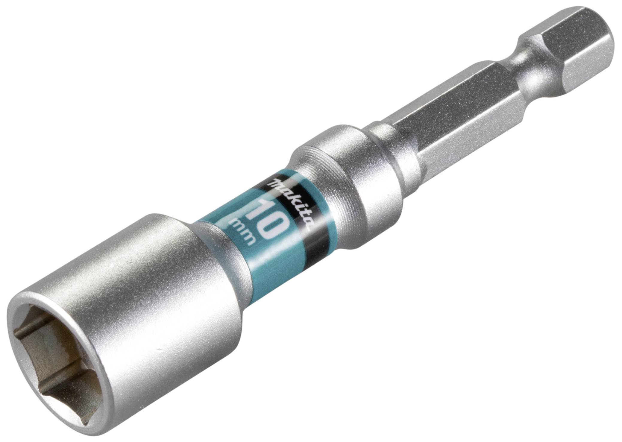 Srebrzysto-metalowy adapter klucza z zielonym etykietą oznaczoną '10 mm', przeznaczony do wykonywania prac śrubowych.