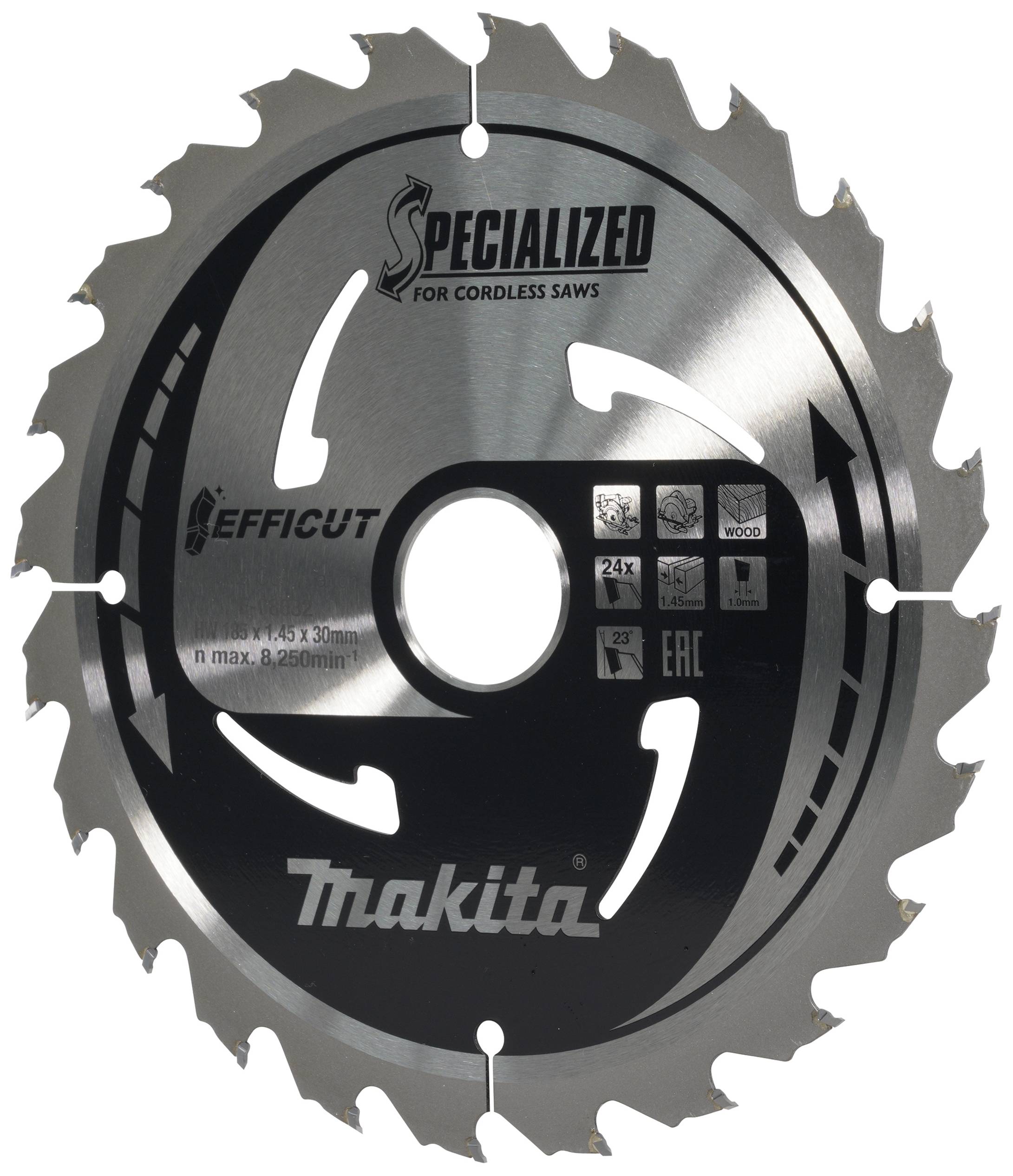 Tarcza piły marki Makita, z napisem 'SPECIALIZED for Cordless Saws' i symbolami obróbki drewna oraz metalu.