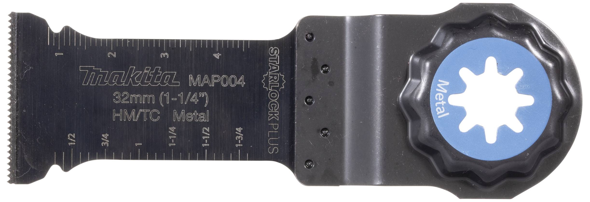 Akcesoria do elektronarzędzi: nasadka z piłą z oznaczeniami wymiarów i oznakowaniem 'Metal'. Nazwa producenta i numer modelu widoczne.