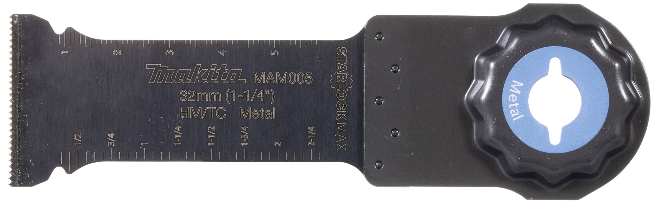 Czarne metalowe ostrze piły z oznaczeniami rozmiaru od 1/4 do 2-3/4 cala. Napis: 'Makita' oraz '32mm (1-1/4") HM/TC Metal'.
