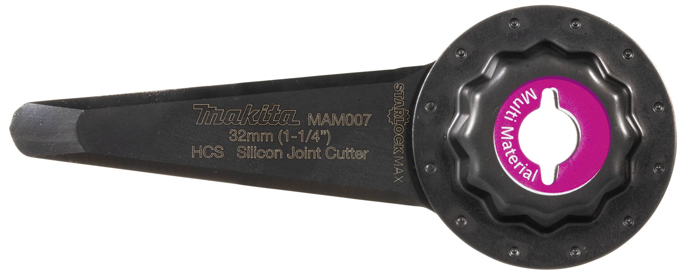 Czarne ostrze piły z napisem '32mm Narzędzie do cięcia złączy silikonowych' oraz 'Wielomateriałowe' w kolorze różowym. Narzędzie do obróbki różnych materiałów.