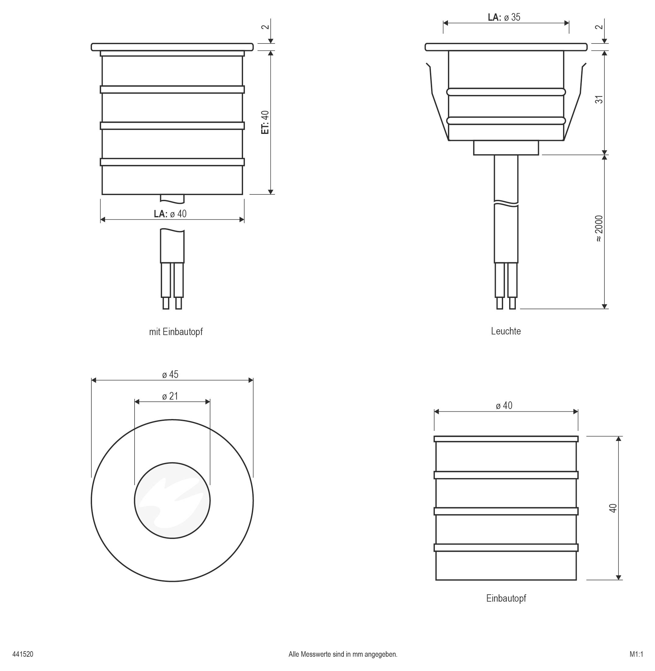 Techniczny rysunek wymiaru oprawy oświetleniowej i jej obudowy wpuszczanej, pokazany w widoku z boku i z góry z wymiarami średnicy, wysokości i głębokości instalacji.