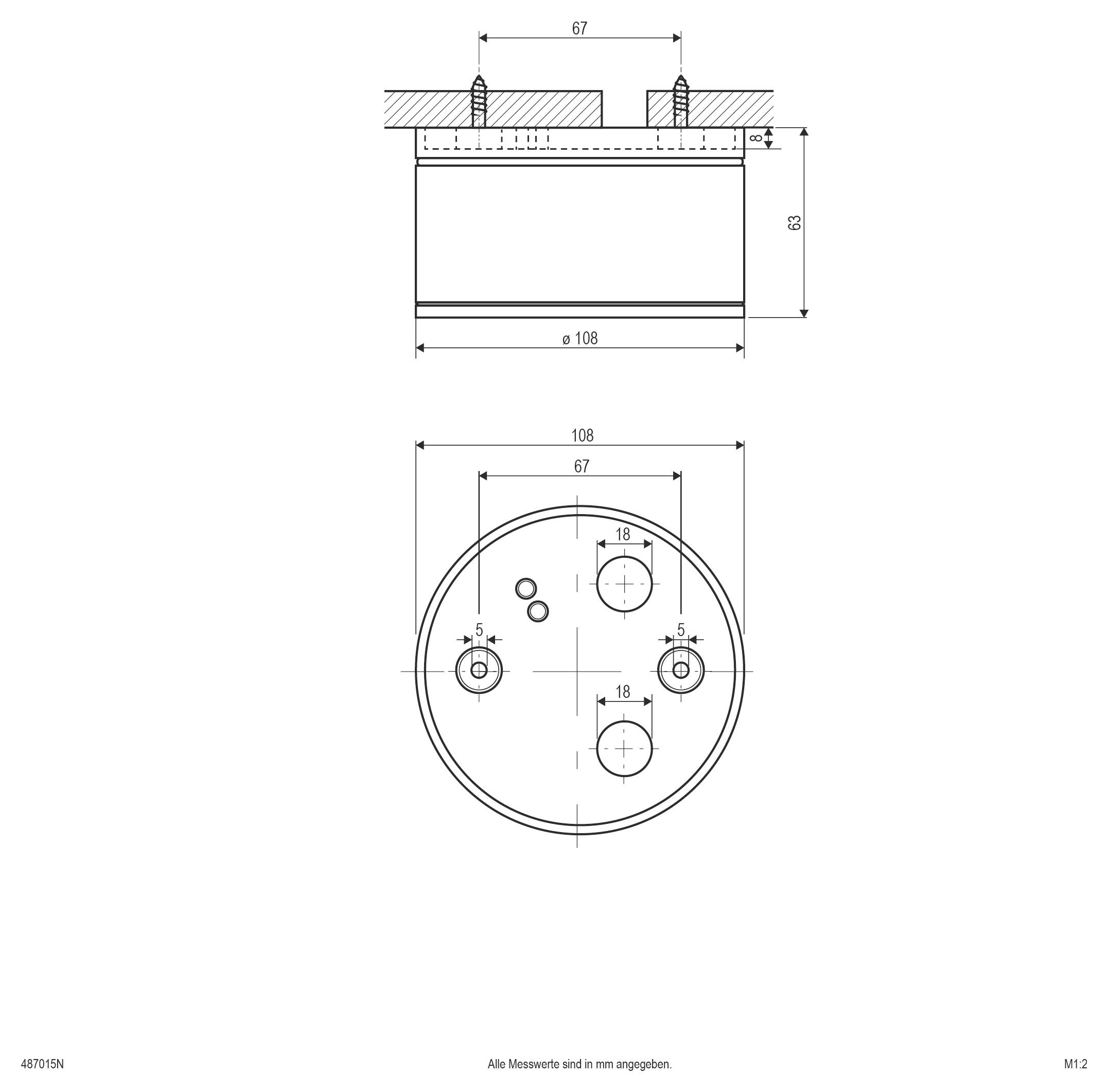Rysunek techniczny okrągłej części mechanicznej z widokami z boku i z góry, pokazujący wymiary: średnica 108 mm, wysokość 63 mm oraz kilka otworów montażowych.