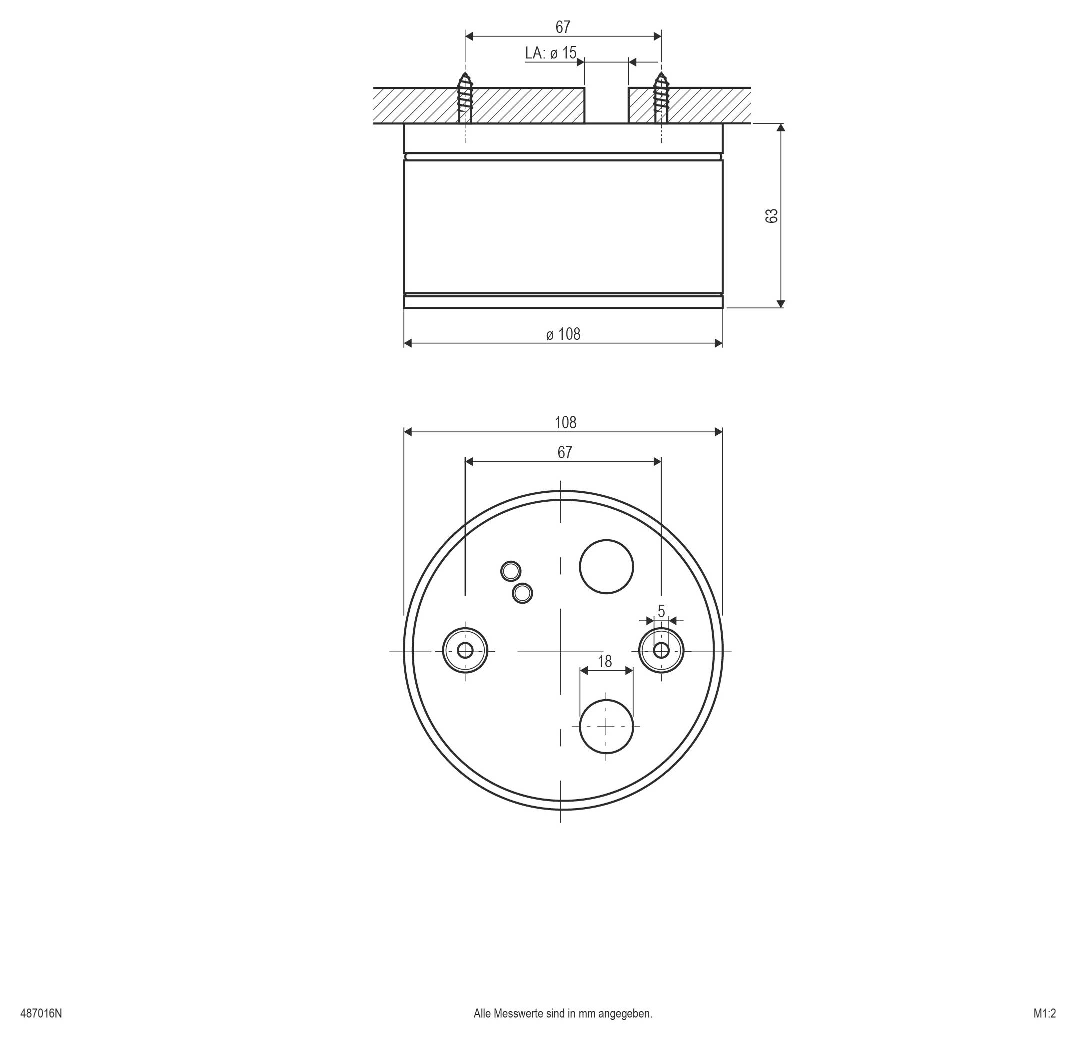 Rysunek techniczny okrągłego komponentu: widoki z boku i z góry pokazują cylinder o średnicy 108 mm, wysokości 63 mm, z wieloma otworami i rozstawą montażową 67 mm.