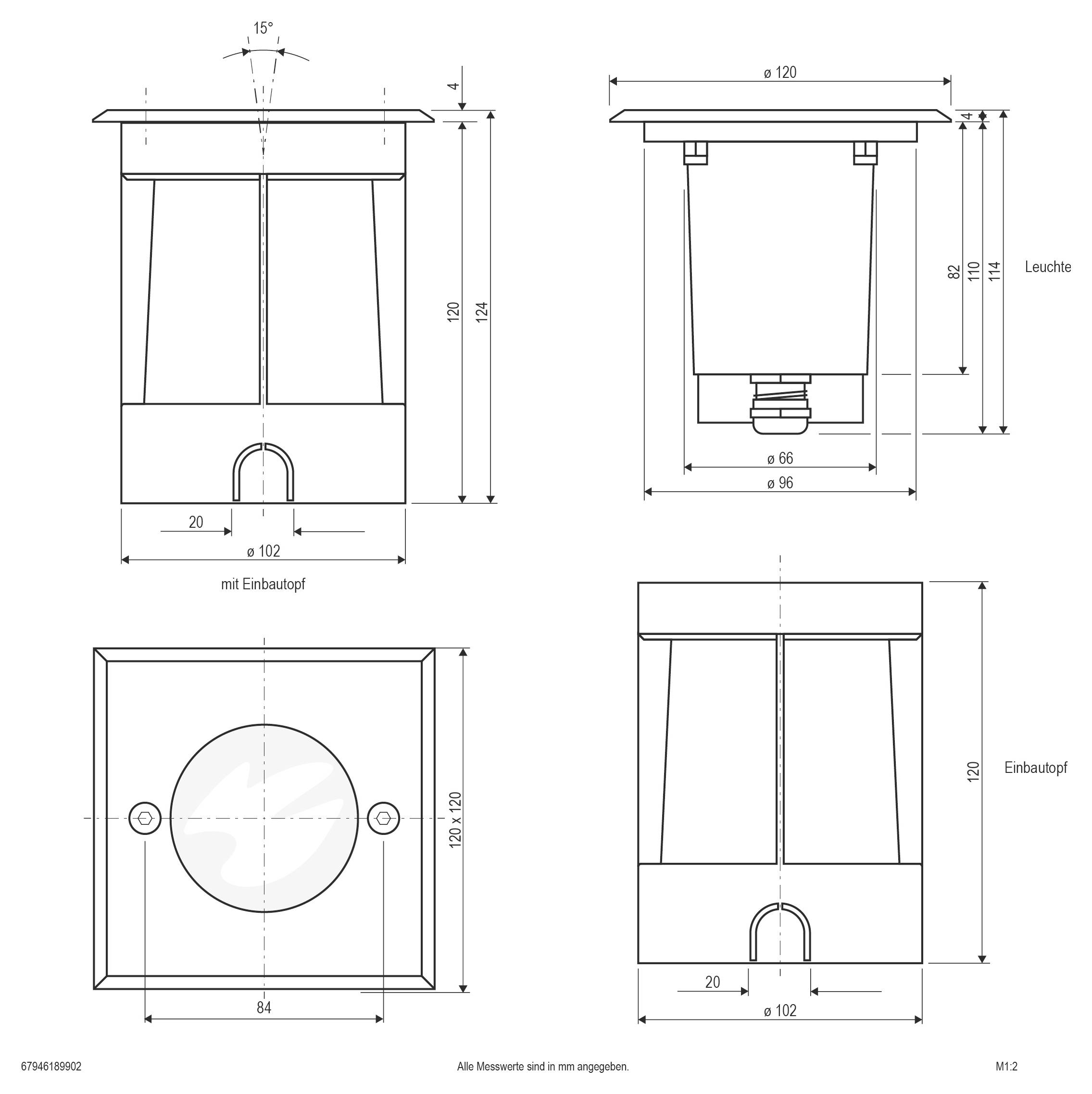 Techniczny rysunek wymiarowy recesowanego światła sufitowego, pokazujący widoki z przodu, z boku i z dołu z wymiarami w milimetrach.