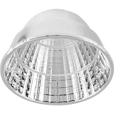 Srebrna kopułowa lampa reflektorowa z błyszczącym lustrzanym wnętrzem, widziana z dołu.