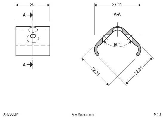 Rysunek techniczny przekroju A-A zacisku, pokazujący wygięcie pod kątem 90° oraz wymiary 20 mm, 27,41 mm i 22,31 mm.