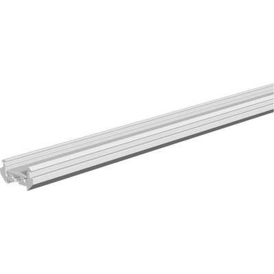 Długa srebrna aluminiowa szyna wyciągana z rowkowanym kanałem, pokazana w perspektywie na białym tle.