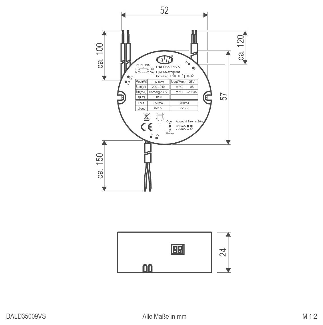 Rysunek techniczny z wymiarami okrągłego urządzenia DALI-3050009VS z przewodami, pokazujący widok z przodu i z boku oraz wymiary w mm.
