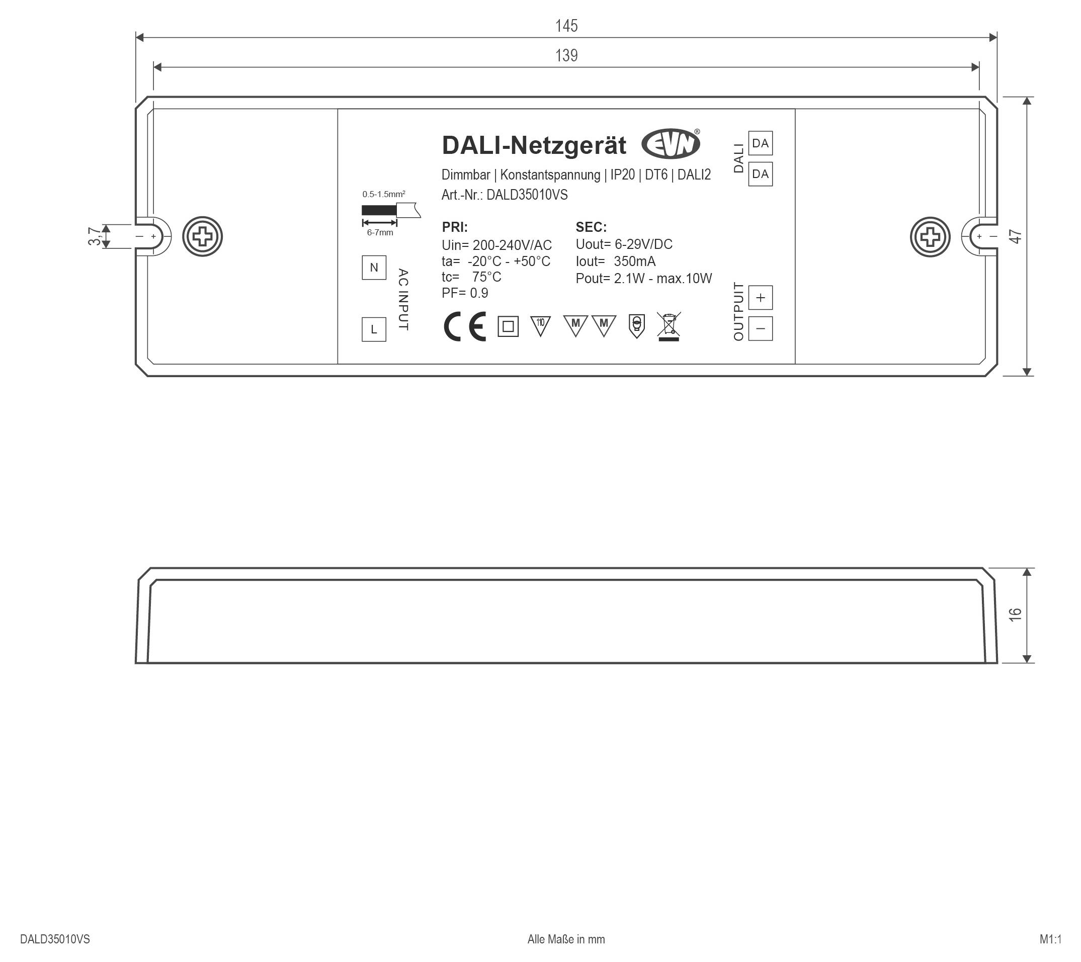 Techniczny rysunek wymiarowy zasilacza sieciowego DALI, pokazujący widoki z góry i z boku z wymiarami i etykietami dotyczącymi specyfikacji wejścia i wyjścia.