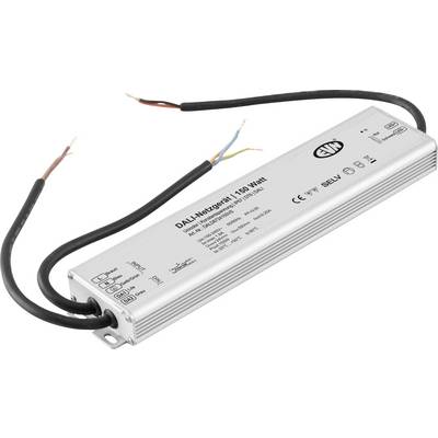 Srebrny sterownik LED DALI z dołączonymi czarnymi przewodami zasilającymi i odsłoniętymi końcami przewodów, oznaczony etykietą „DALI-Netzgerät 150 Watt".