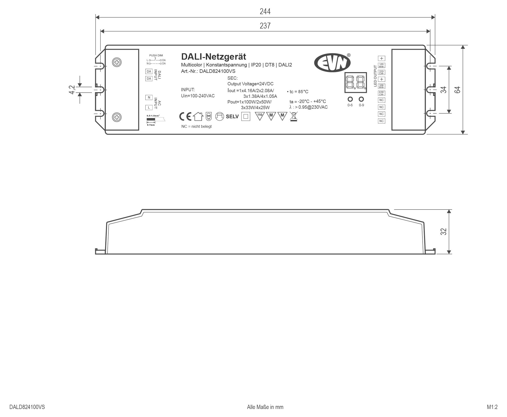 Techniczny rysunek zasilacza DALI z widokami z przodu i z boku, pokazujący wymiary 244 mm długości, 32 mm wysokości i 64 mm szerokości.