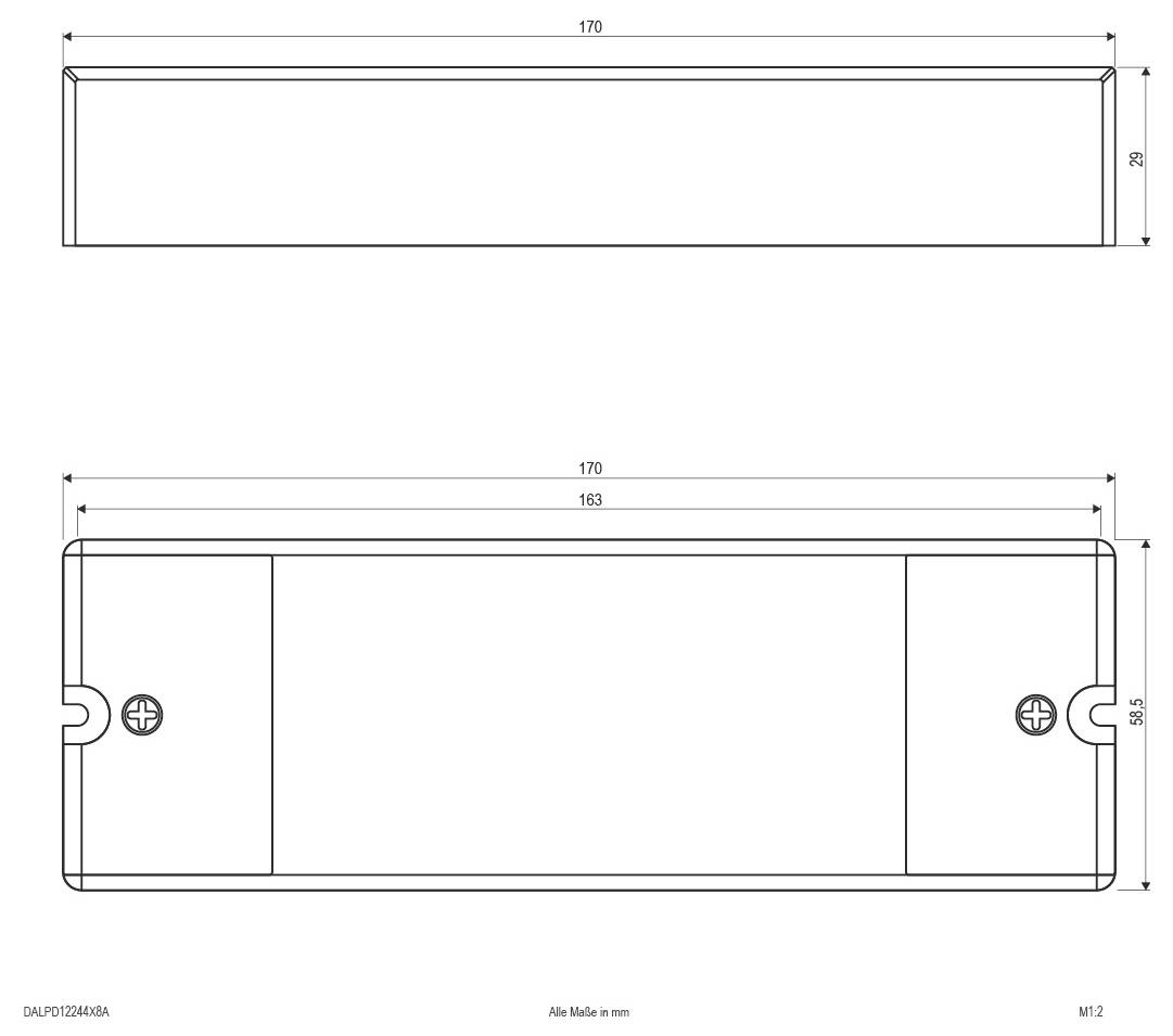 Techniczny rysunek liniowy prostokątnej części metalowej, pokazany w widoku z góry i z boku z wymiarami 170 mm długości i 29 mm szerokości, plus otwory montażowe.