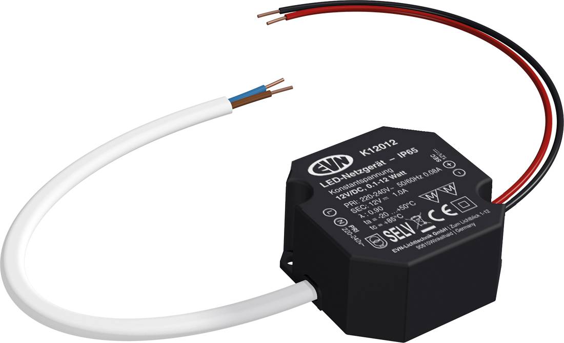 Moduł sterownika LED w kolorze czarnym z trzema przewodami, pokazany z białymi i czerwono-czarnymi kablami zasilającymi do połączenia elektrycznego.